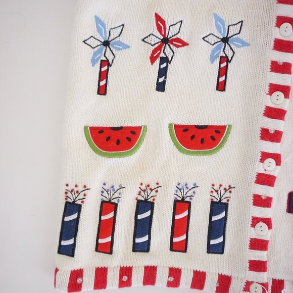 The Quacker Factory White Knit Red Patriotic USA Independence Day Cardigan S - Picture 8 of 11